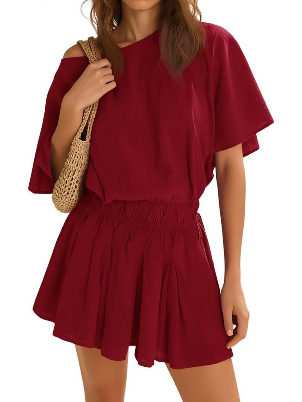 Women's Red Summer Dresses Short Batwing Sleeve Cinched Waist Mini Dress